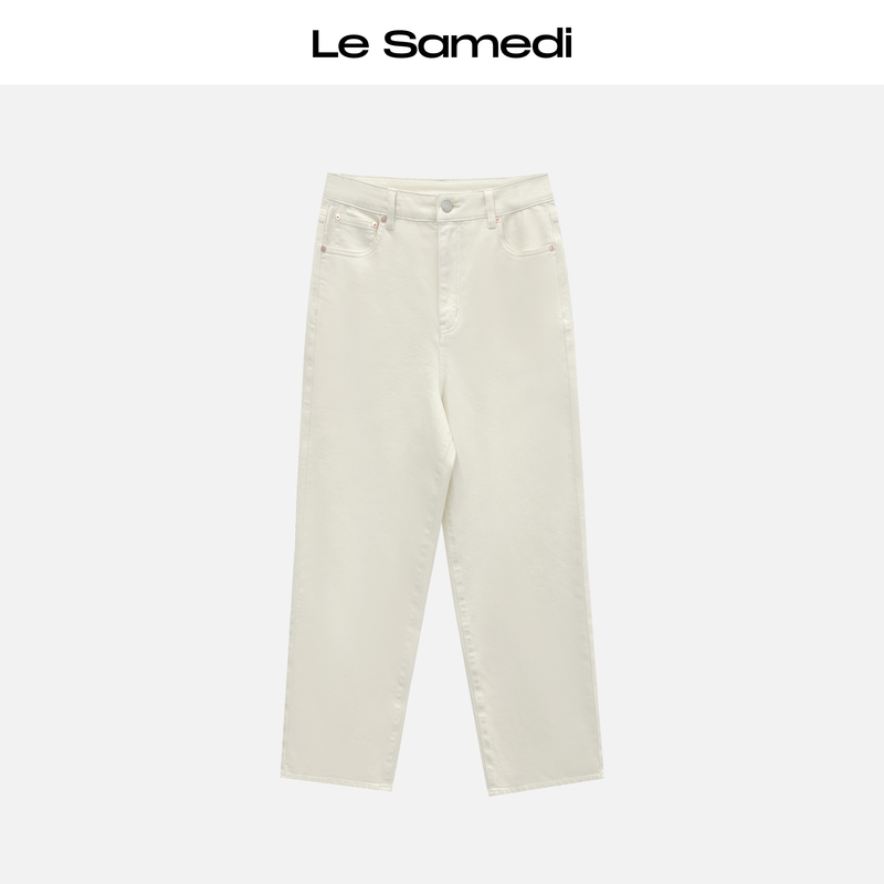 Le Samedi【Raff White Cow】Vintage Coarse Twill Cotton Slimming Straight-Leg Jeans for Women, New Spring Model