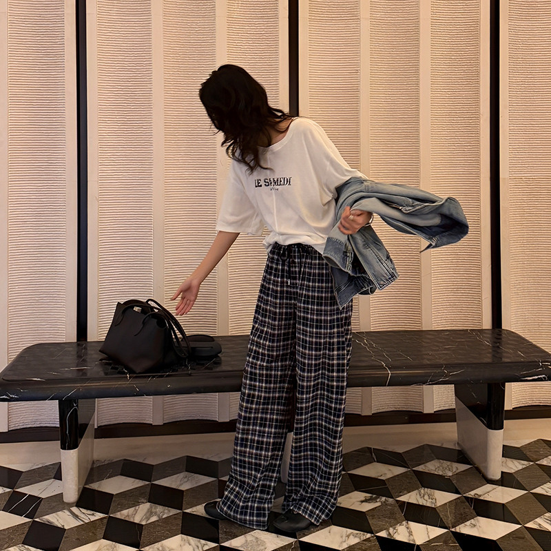 Le Samedi【Checkerboard Pattern】Plaid Brushed Cotton Casual Pants for Women Spring Loose Straight-Leg Plaid Trousers