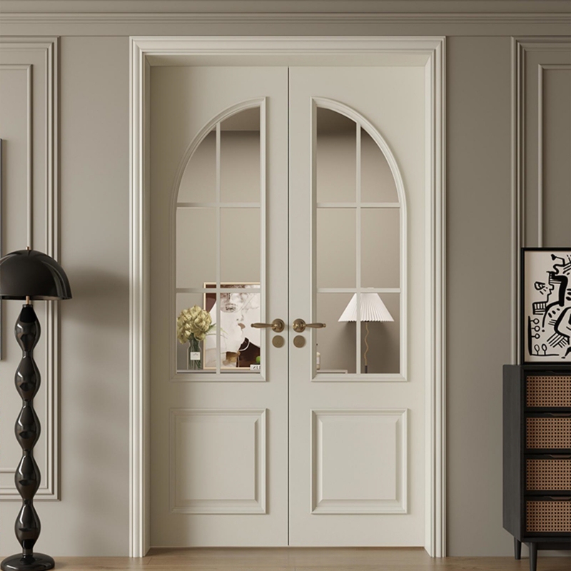 Mofan French-Style Cream White Solid Wood Lacquered Door, Bedroom Door, Half-Glass Double Door, Kitchen Door, Double-Opening Interior Door Mofan French-Style Cream White Solid Wood Lacquered Door, Bedroom Door, Half-Glass Double Door, Kitchen Door, Double-Opening Interior Door