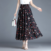 Wild high-waisted a-line skirt womens summer floral skirt 2021 new chiffon skirt long skirt printed medium-long section