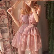 Swimsuit female summer hanging neck pink dew shoulder conjoined style touristic small balsamic wind with chest cushion one-piece portable shade