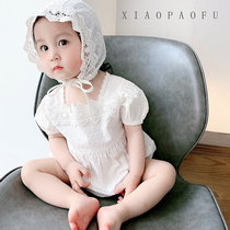 Summer womens baby short sleeves lace collar princess khae foreign air climbing clothes baby thin and cute bag fart Korea tide