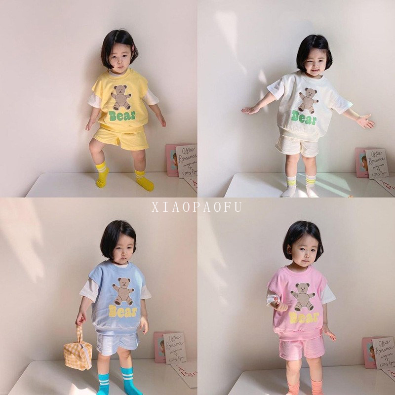 Summer children's short-sleeved men's and women's baby Western style casual wild sports suit baby cute T-shirt shorts Korean version