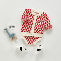 Girl Autumn Clothing New Ocean Gas Mesh Red Dress Baby Suit Womens Knitted Jacket Braces Khaclothes two pieces