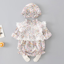 Net red female baby pure cotton with cap snowspun one-piece clothes autumn clothes foreign air to serve baby small crummy floral khae climbing clothes