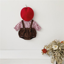 Baby boy suit baby girl baby baby long sleeve pure cotton autumn clothing light core suede Korean version braces bag covered pants bag fart