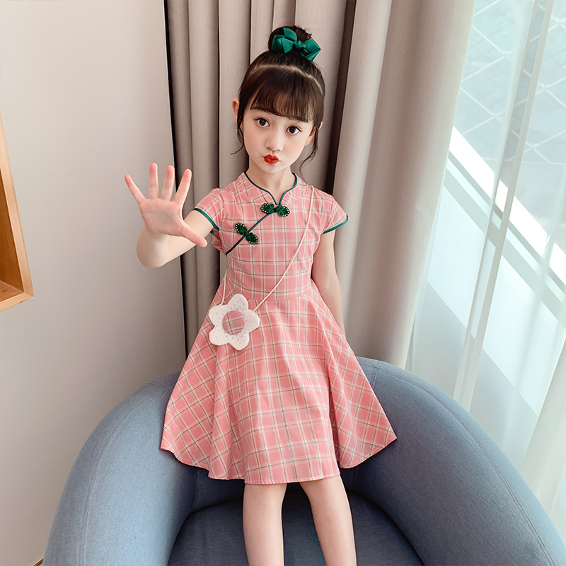 Girl Foreign Dress 2021 New Summer National Wind Qipao CUHK Girl Little Girl Hanfu Plaid Short Sleeve Child Clothing