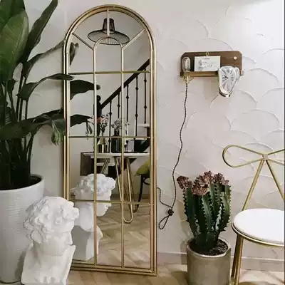 Nordic retro wrought iron full-length mirror Floor-to-ceiling full-length mirror Wall-mounted mirror Wall-mounted curved fake window metal decorative mirror