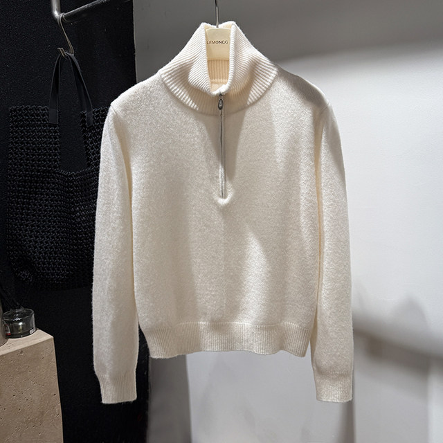 [Egg Zipper Detail/100% Wool]Half-Zip Turtleneck Sweater, Lazy Style, Casual Loose Knit Top for Women