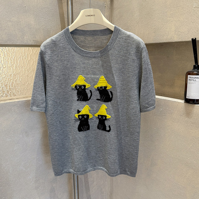 [Special Clearance] Embroidered Cat Short-Sleeve Loose Round Neck Knit Top Thin T-Shirt for Women, Summer, Age-Reducing, Versatile, Casual