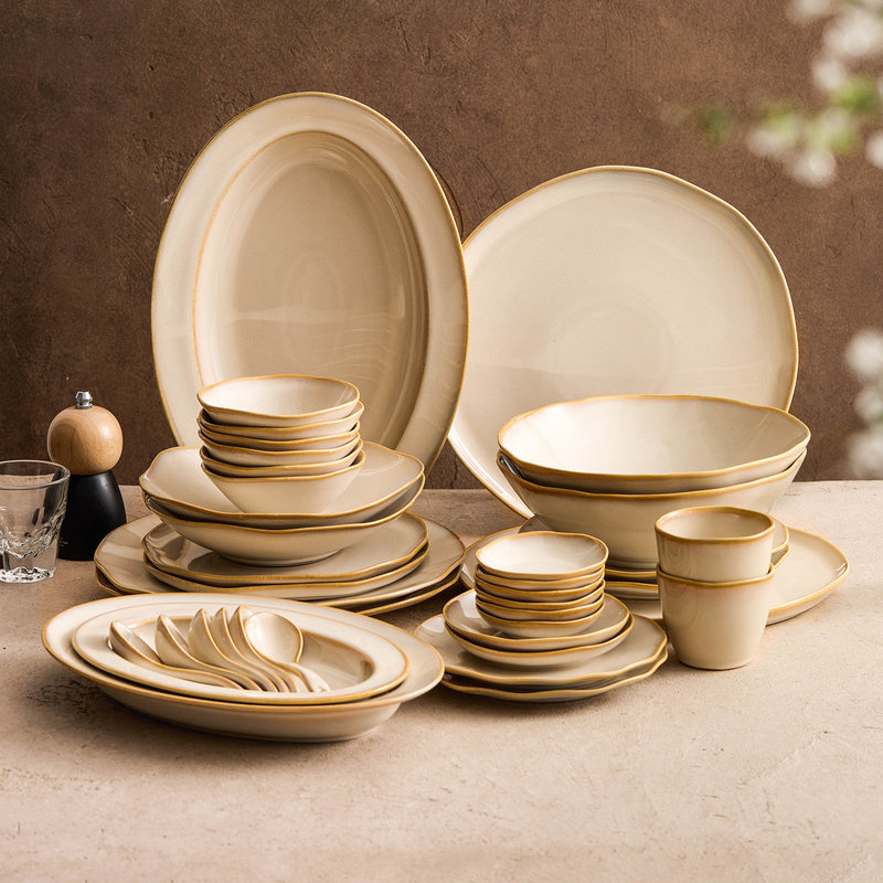 Brown and Yellow Kiln-Mutated Ripple Bowl and Plate Set, High-Value Household Bowl, Plate, and Spoon Combination, New Chinese-Style Ceramic Tableware Brown and Yellow Kiln-Mutated Ripple Bowl and Plate Set, High-Value Household Bowl, Plate, and Spoon Combination, New Chinese-Style Ceramic Tableware