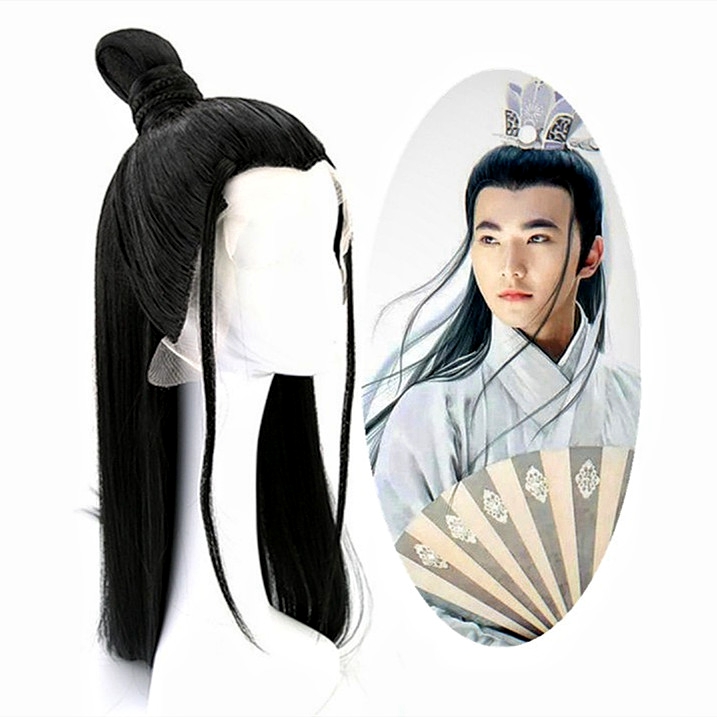 Ancient costume overall wig chivalrous scholar styling new high temperature silk long straight hair set antique fashion men's black headgear
