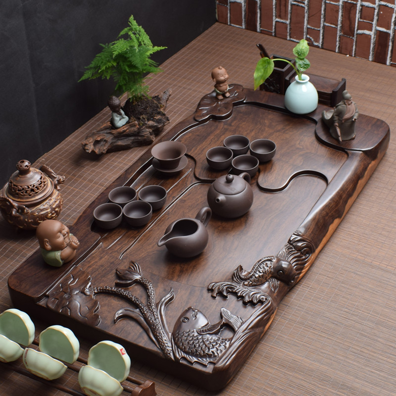 Black sandalwood tea tray with lotus root whole piece of solid wood tea tray household centimeter tea sea tray mahogany solid wood