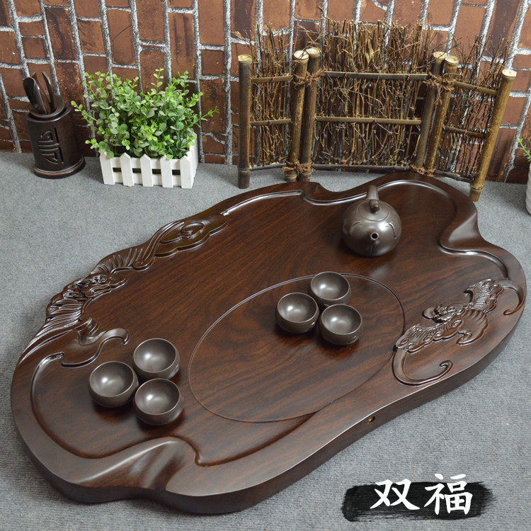 Black sandalwood tea plate Shuanfu whole solid wood tea plate drainage Kunfu tea set tea sea tea table tray special price