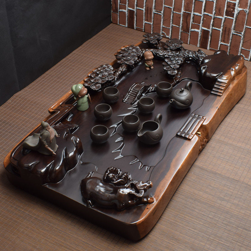 Whole piece of ebony tea tray solid wood pine and cypress zhi kung fu tea set tea sea tea tray large drainage carved