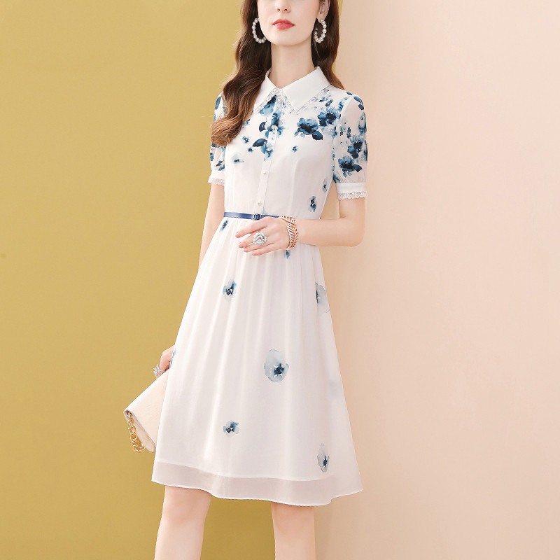 No drawback ~ foreign pie age reduction white printed mulberry silk ocean dress female summer POLO collar short sleeve crumbled dress