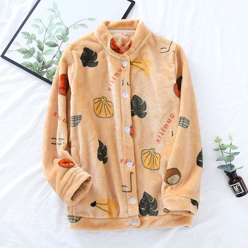 Đồ ngủ nữ flannel một mảnh mùa thu / mùa đông cổ đứng áo cardigan của phụ nữ áo khoác ấm áp san hô lông cừu dày lỏng dịch vụ tại nhà - Pyjama