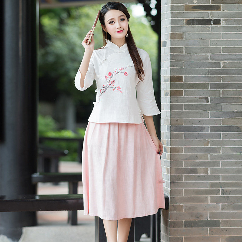 实拍2017新款女装立领盘扣文艺印花棉麻茶服上衣+半身裙两件套装