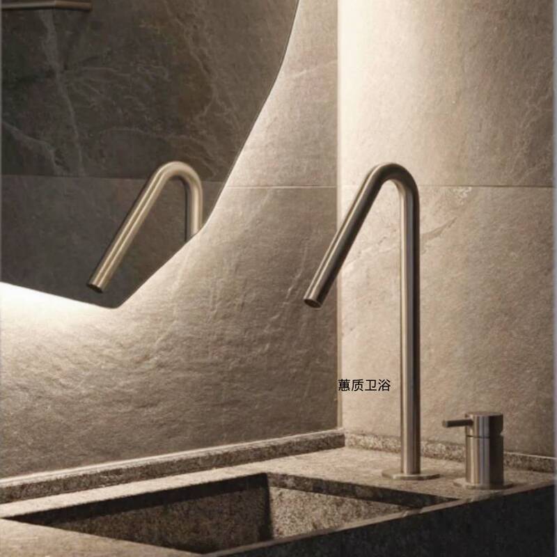 Minimalist Brushed Silver Bathroom Basin Faucet, Split-Type Hot and Cold Dual-Hole Splash-Proof Sink Faucet Minimalist Brushed Silver Bathroom Basin Faucet, Split-Type Hot and Cold Dual-Hole Splash-Proof Sink Faucet