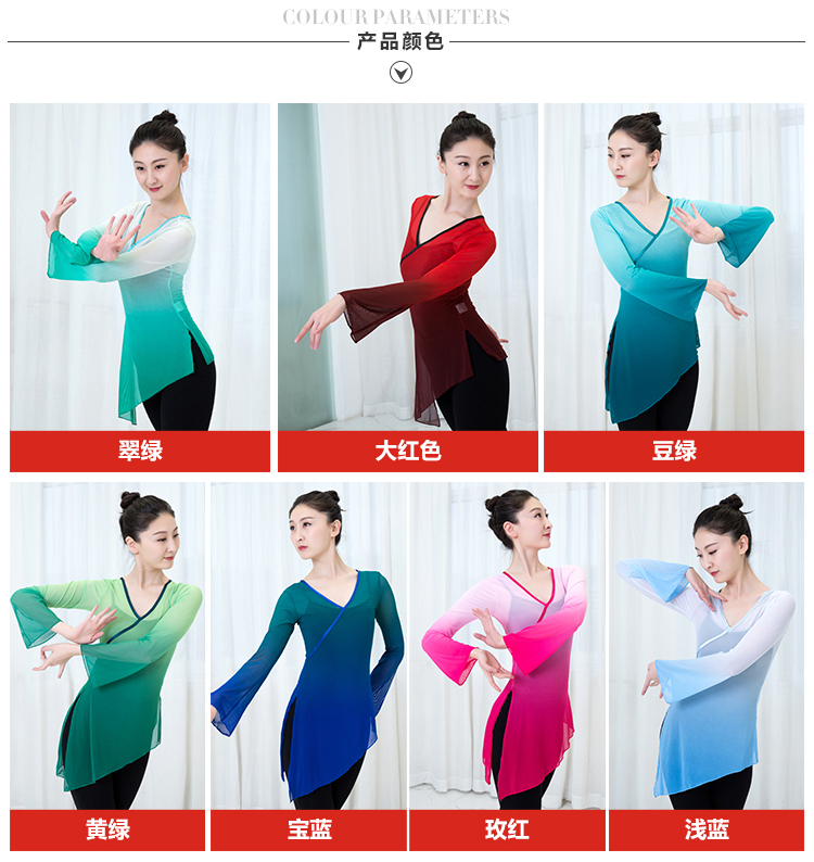 2019 cổ điển thực hành khiêu vũ quần áo kèn tay áo gradient nghệ thuật thử nghiệm hiệu suất quần áo nữ quốc ca vần điệu nhảy gạc phụ nữ - Khiêu vũ / Thể dục nhịp điệu / Thể dục dụng cụ trang phục cổ động