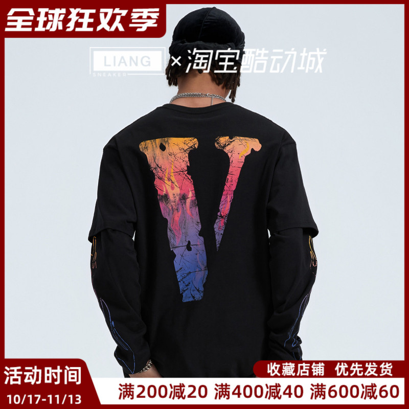 Vlone Flame Large Logo Print Loose-Fitting Fake Two-Piece Long-Sleeve T-Shirt Unisex Vlone Flame Large Logo Print Loose-Fitting Fake Two-Piece Long-Sleeve T-Shirt Unisex
