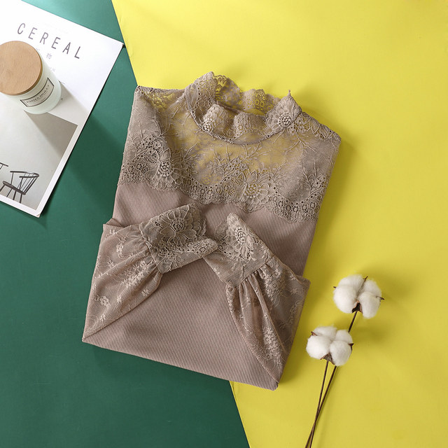 ຢືນຄໍແຂນຍາວ lace mesh splicing ເລັກນ້ອຍ see-through