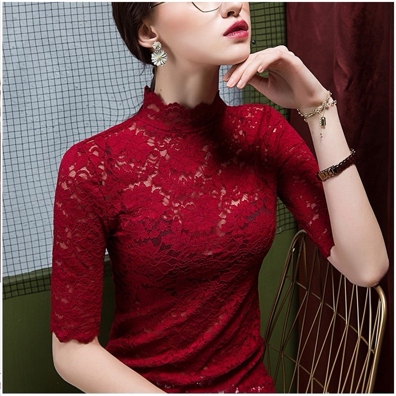 Half-High Collar Lace Shirt Base Layer for Women, 2022 Spring and Autumn New Style, Mid-Sleeve Mesh Tight-Fitting Top for Women