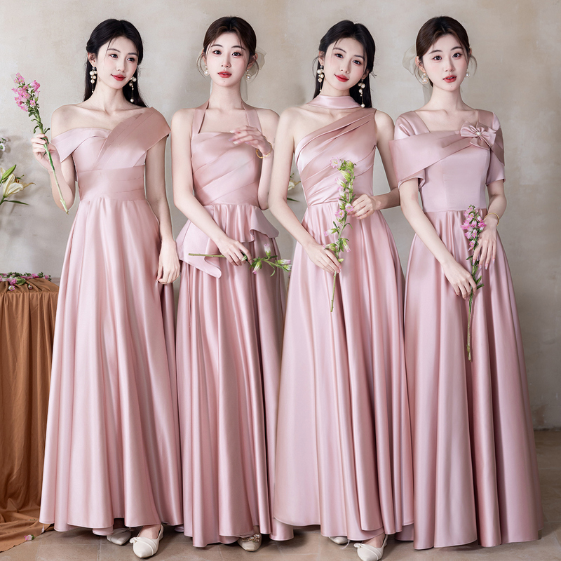 High-Quality Pink Satin Bridesmaid Dress 2026 New Wedding Sister Group Dress Niche High-End Can Be Worn Casually in Summer
