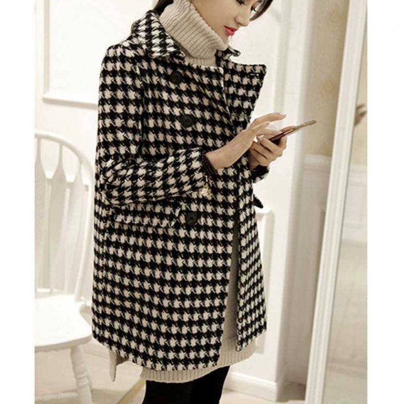 2019 quần áo đầu thu và mùa đông mới giữa áo dài đôi ngực hình kén houndstooth genizi - Trung bình và dài Coat