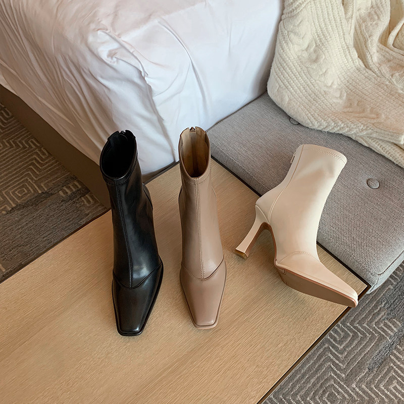 High heel short boot female 2023 autumn winter new Korean version splicing rear zipper mesh red slim boot square head fine heel elastic boot-Taobao