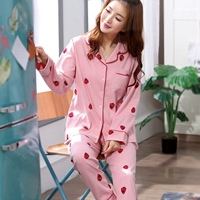 Bộ đồ ngủ nữ dài tay cardigan mùa xuân và mùa thu của phụ nữ Hàn Quốc Kích thước lớn Nút mỏng mùa xuân Mùa hè Dịch vụ tại nhà Bộ hai mảnh áo ngủ