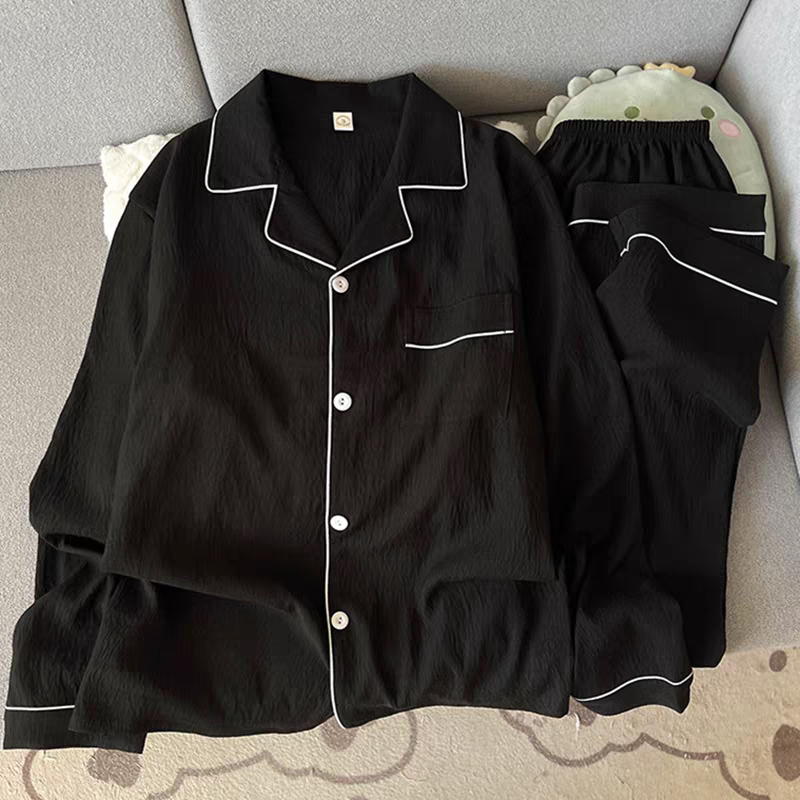 Cloud Cotton Men's Pajamas, Spring and Autumn Style, Long-Sleeved, Simple Black, High-End Feel, Can Be Worn Outside, Home Wear, Summer Set