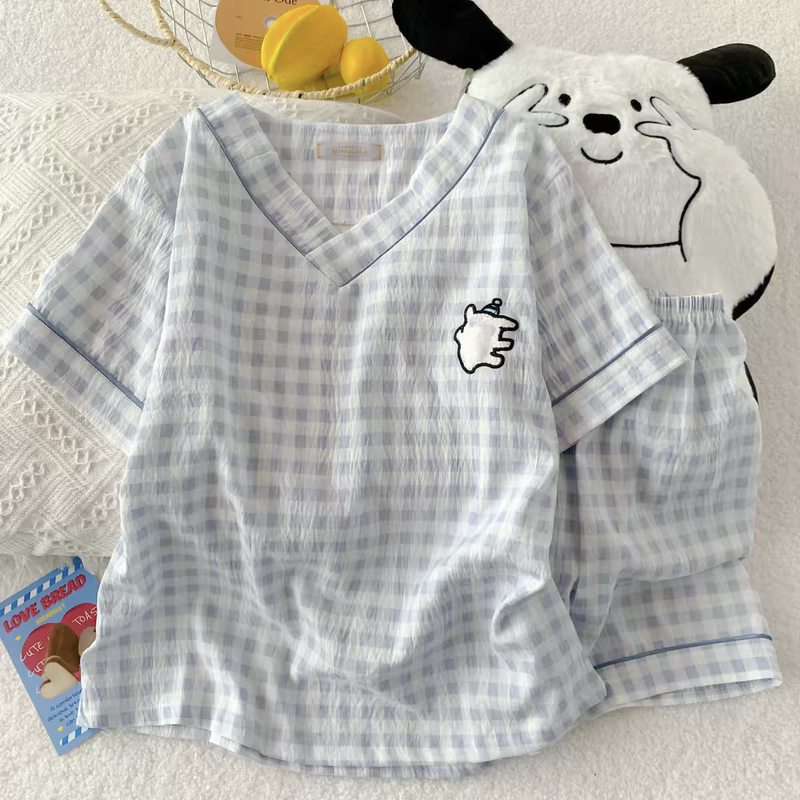 【Line Dog Fine Yarn Cotton】Summer Short-Sleeve Cute Cloud Cotton Pajama Set for Women, Summer Cartoon Homewear Korean Style