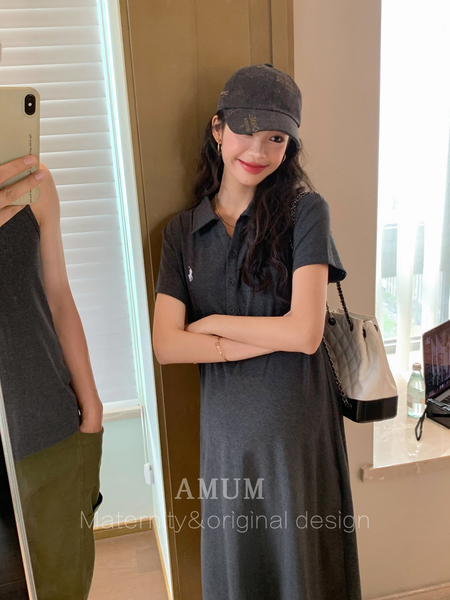 ◆ Amum Maternity Wear ◆ Elegant Lazy Dress~Polo Collar Casual Dress, Slimming and Flattering for Petite Pregnant Women.