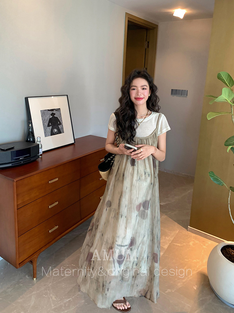 ◆ Amum Maternity Wear ◆ Outfits for Pregnant Moms~ Vintage Pleated Stylish Summer Dress That Doesn'T Show Pregnancy, Loose-Fitting Strap Dress. — 22