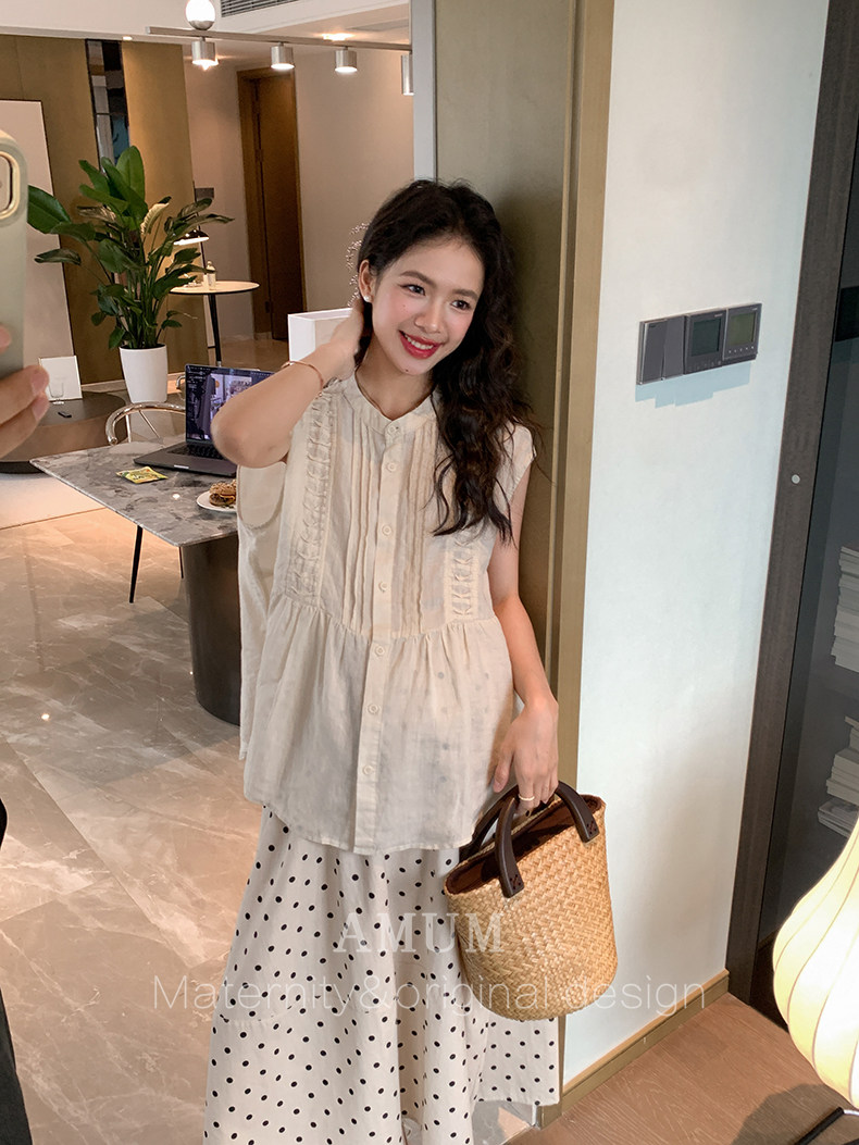 ◆AMUM孕妇装◆孕期套装穿搭~麻无袖洋气上衣复古小衫波点半身裙 — 50