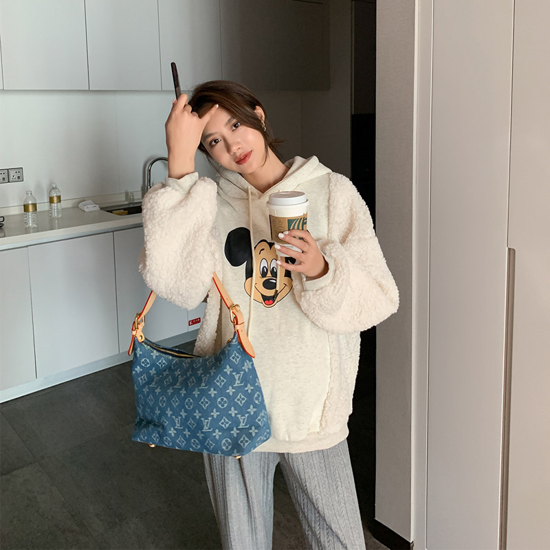 NU M U M Pregnancy Woman Dress LAMB SUEDE ~ THICKENED CARTOON KOREAN VERSION THICK COTTON T CONNECTED HAT AUTUMN WINTER LONG SLEEVE BLOUSE