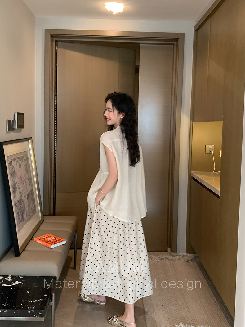 ◆AMUM孕妇装◆孕期套装穿搭~麻无袖洋气上衣复古小衫波点半身裙 — 52