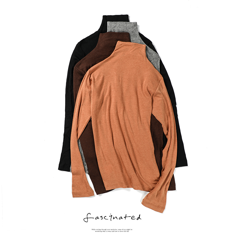 Autumn and winter retro simple solid color loose lazy wind inside with a half-height neck long-sleeved T-shirt undershirt tops