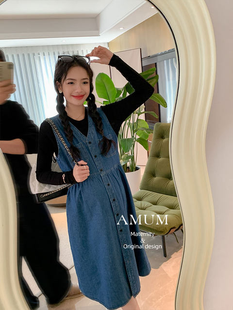 AMUM maternity wear denim ແບບເກົາຫຼີ suspender dress ແມ່ຍິງ 2024 retro ins ຮ່ອງກົງແບບພາກຮຽນ spring ພັຍ