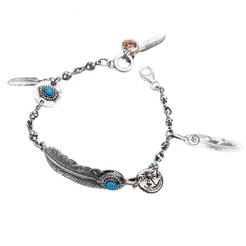 925 Silver Indian Style Green Feather Bracelet for Men and Women, Retro Personalized Jewelry Chain