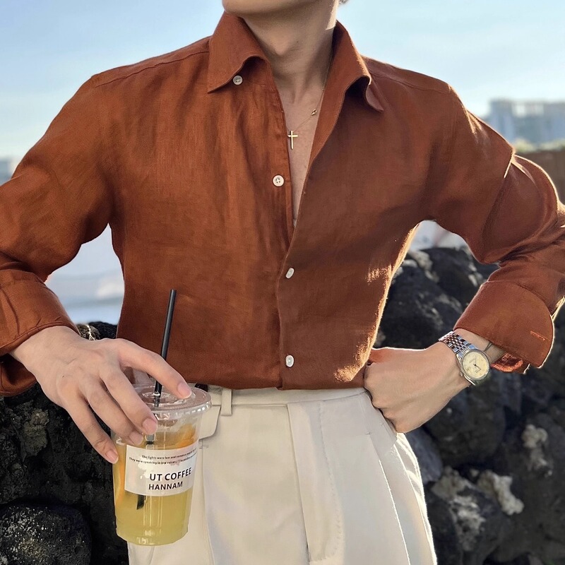 Seekmited Italian-Style One-Collar Linen Shirt for Men, Long-Sleeved Orange Casual Swallow Collar Shirt, Available in Multiple Colors