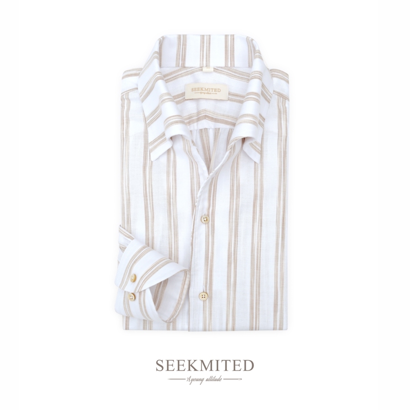 Seekmited Milk Tea Striped Italian Waterfall Sleeve One-Collar Pure Cotton Shirt, Light Luxury New Aristocratic Old Money Style Shirt