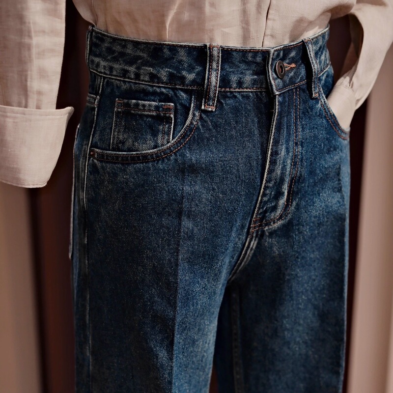 Seekmited Straight-Leg Jeans Mid-High Waist Men's Casual Pants Retro Blue Washed Denim Pants