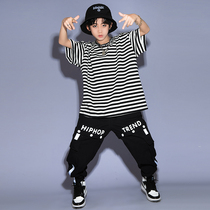 Childrens hip-hop suit Boys hip-hop loose cotton short-sleeved striped T handsome hiphop summer performance suit tide