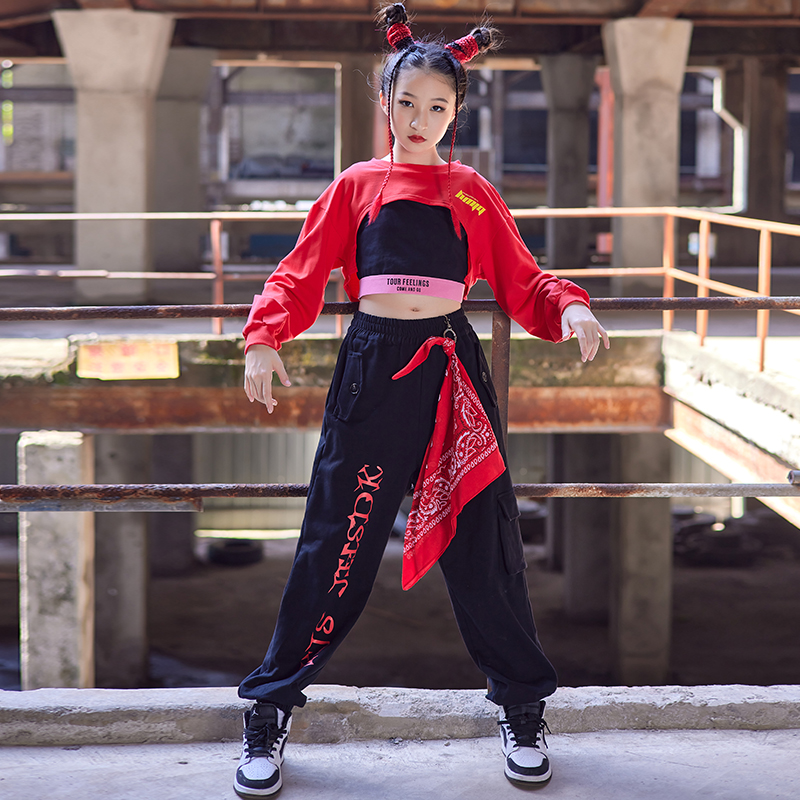 Children's Street Dance Show Show Costume Black Trousers Girl Jazz Dance Costume Hiphop Red Top