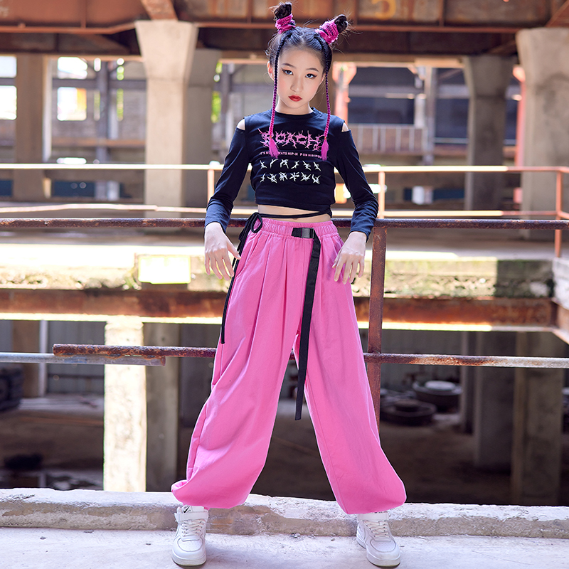 Girls Jazz Dazzle Clothing Show Show Costume Pink Trousers Black Fixed Tops Children Street Dance Kit