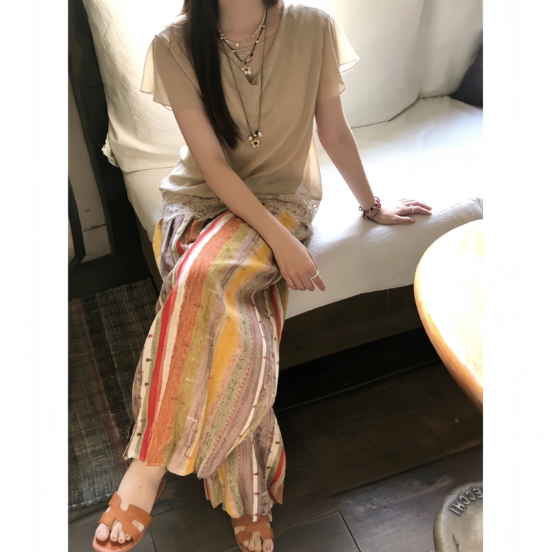 Dopamine Rainbow Striped Print Wide-Leg Pants for Women, Summer Cool and Breezy, Sun Protection, Beach, Walking, Ice Silk Pants