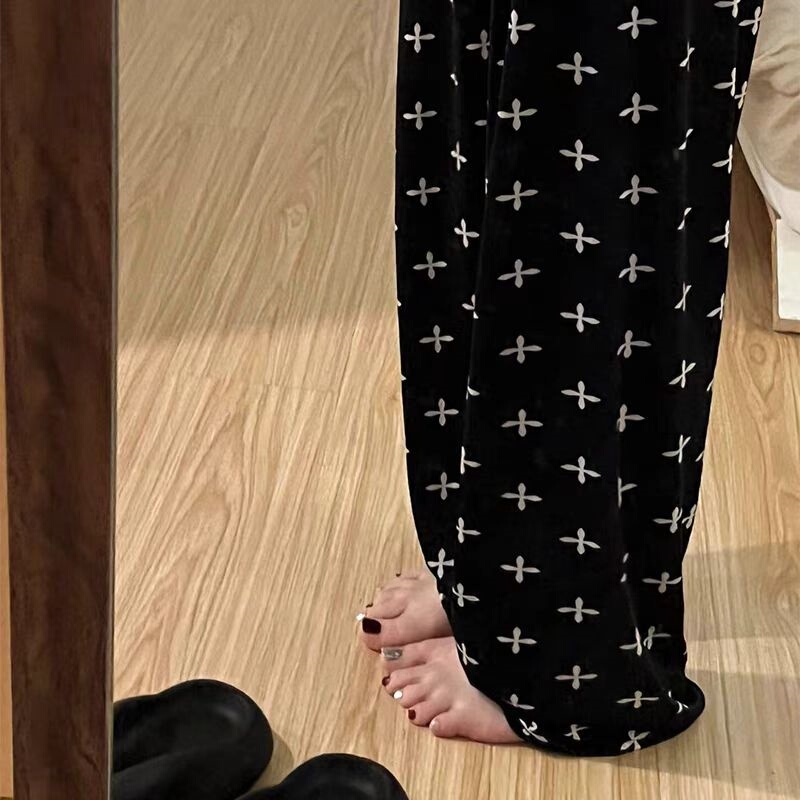 Ice Silk Black Cross Print Wide-Leg Pants for Women, Summer Thin Style, Suitable for Outdoor Wear, Loungewear, Casual Walking, and Sleepwear Long Pants