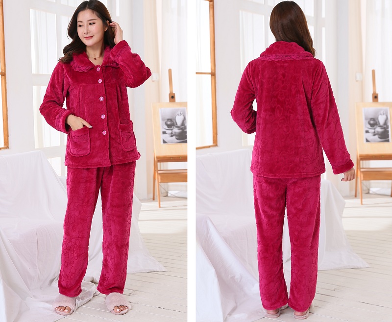 Mùa thu và mùa đông phụ nữ flannel đồ ngủ mùa xuân và mùa thu dài tay dày lông cừu san hô trung niên phù hợp với mẹ đồ bộ nữ mặc nhà